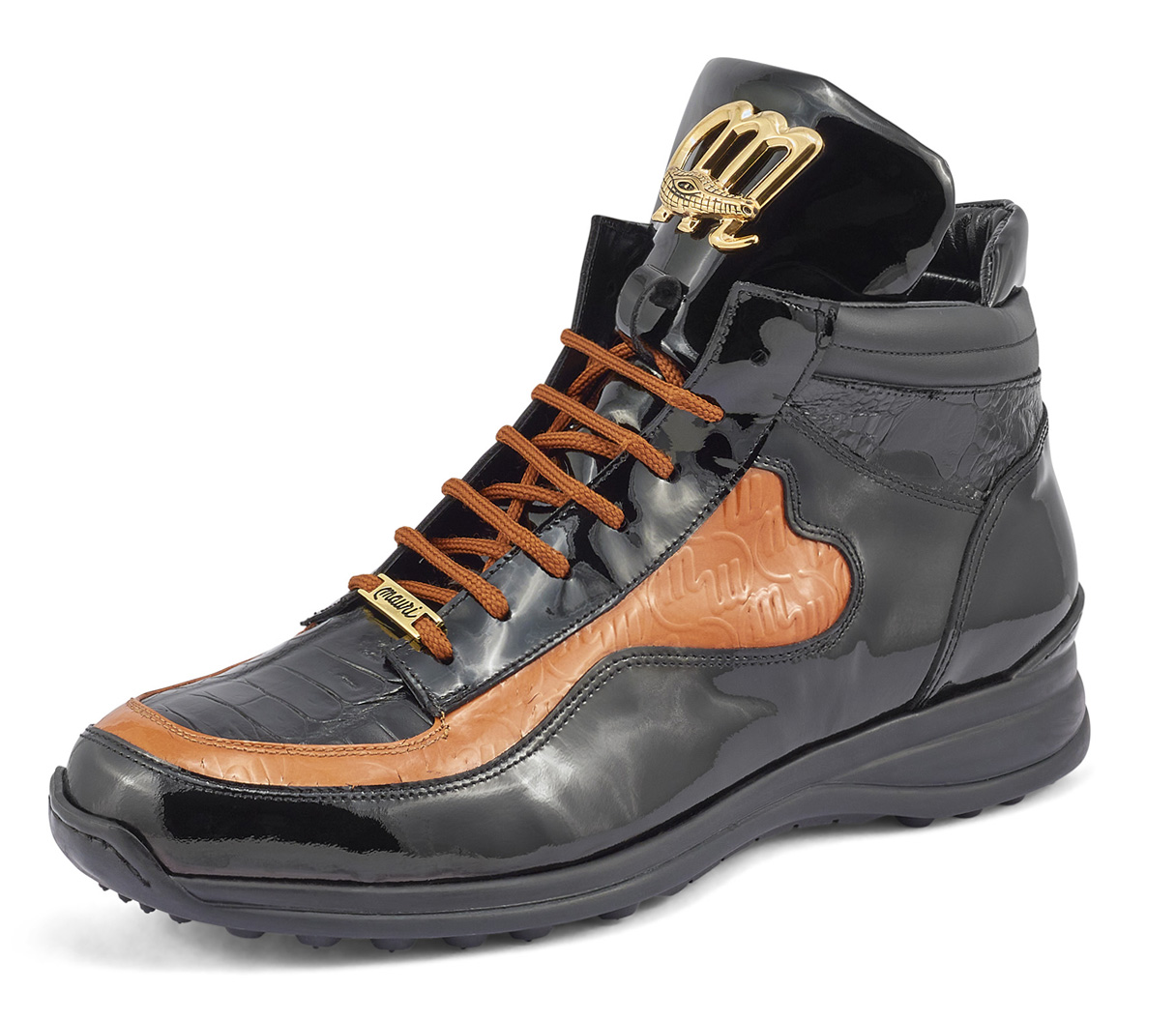 Mauri "Hype" Black / Cognac Genuine Crocodile / Ostrich Leg / Patent Leather High-Top Sneakers 8409.
